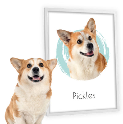 Retratos de perro diseño CIRCLE con un Corgi junto a su cuadro pintado