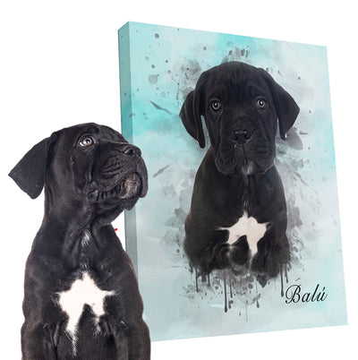 Ejemplo de retrato personalizado de un cachorro negro posando al lado de su lienzo