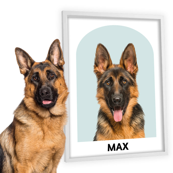 Retrato de perro diseño LUNA con Pastor Alemán y su retrato