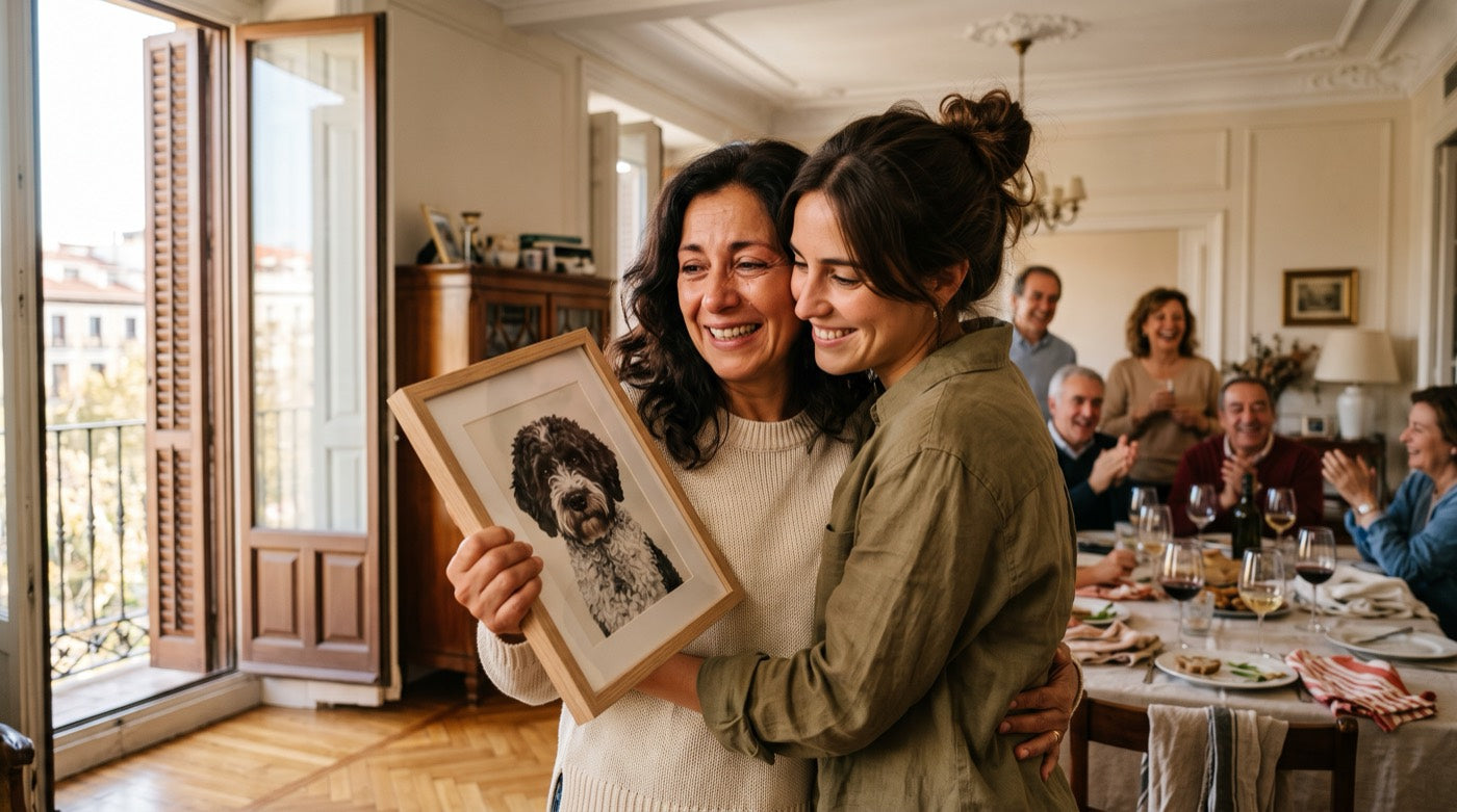 Dos personas emocionadas abrazándose mientras sostienen un retrato de su perro enmarcado