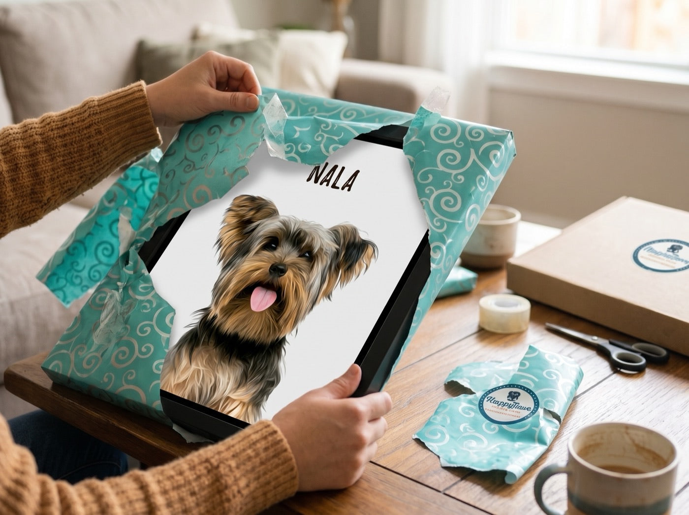 Persona abriendo un retrato de sus perros envuelto en papel de regalo de MascoZoom