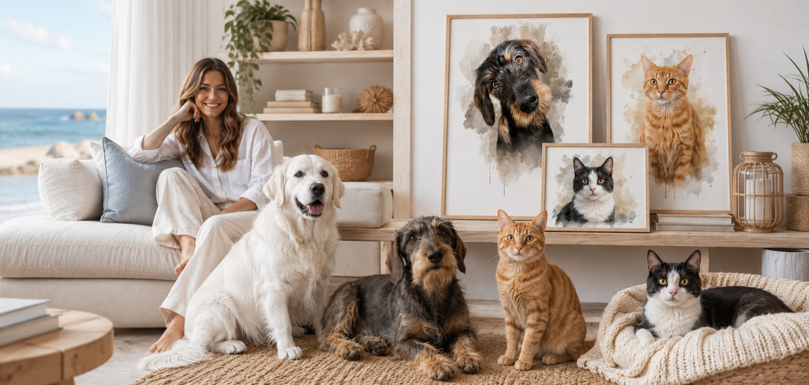 Retratos de mascotas en acuarela enmarcados en un salón con un perro salchicha