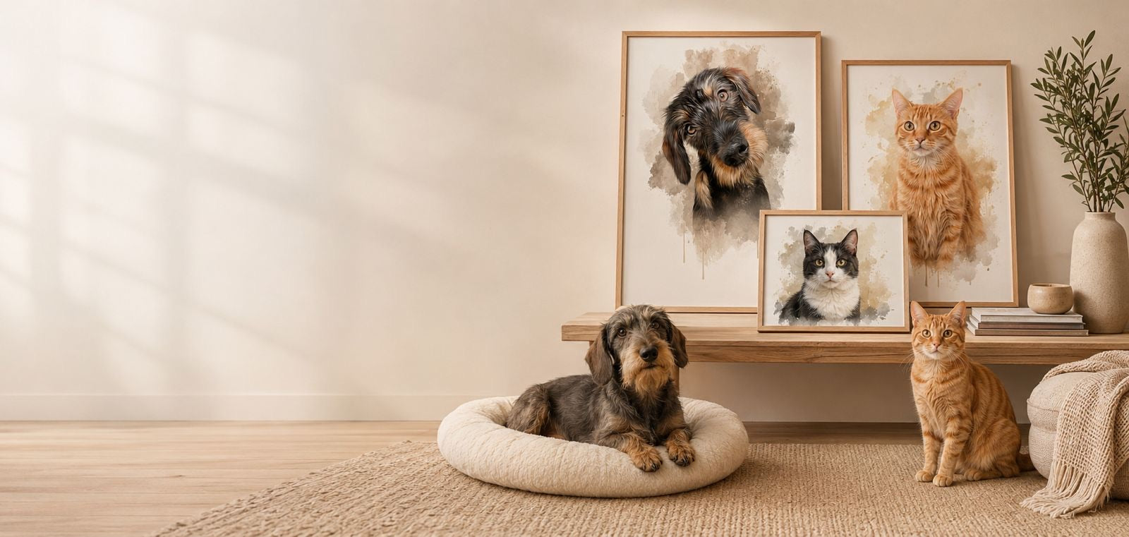 Retratos de mascotas en acuarela enmarcados en un salón con un perro salchicha