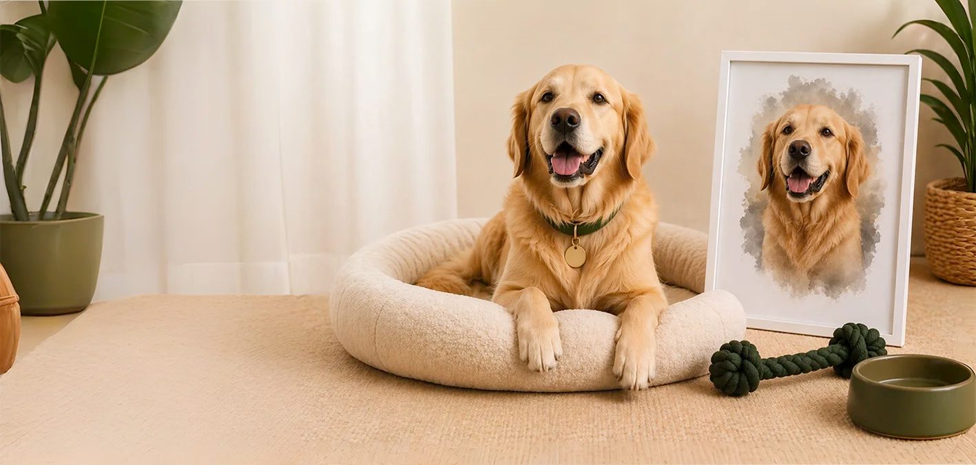 Golden retriever junto a su retrato en acuarela enmarcado