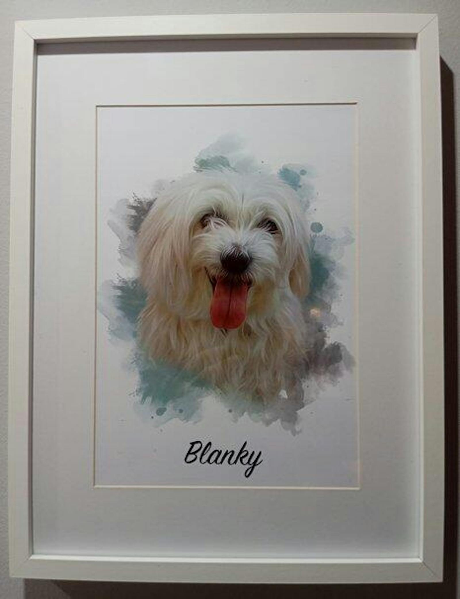 Retrato en acuarela del perro Blanky enmarcado, reseña de Jorge