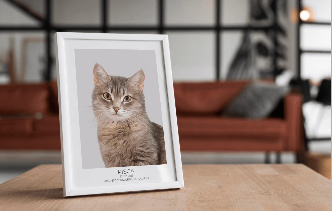 retrato de gato en un marco blanco