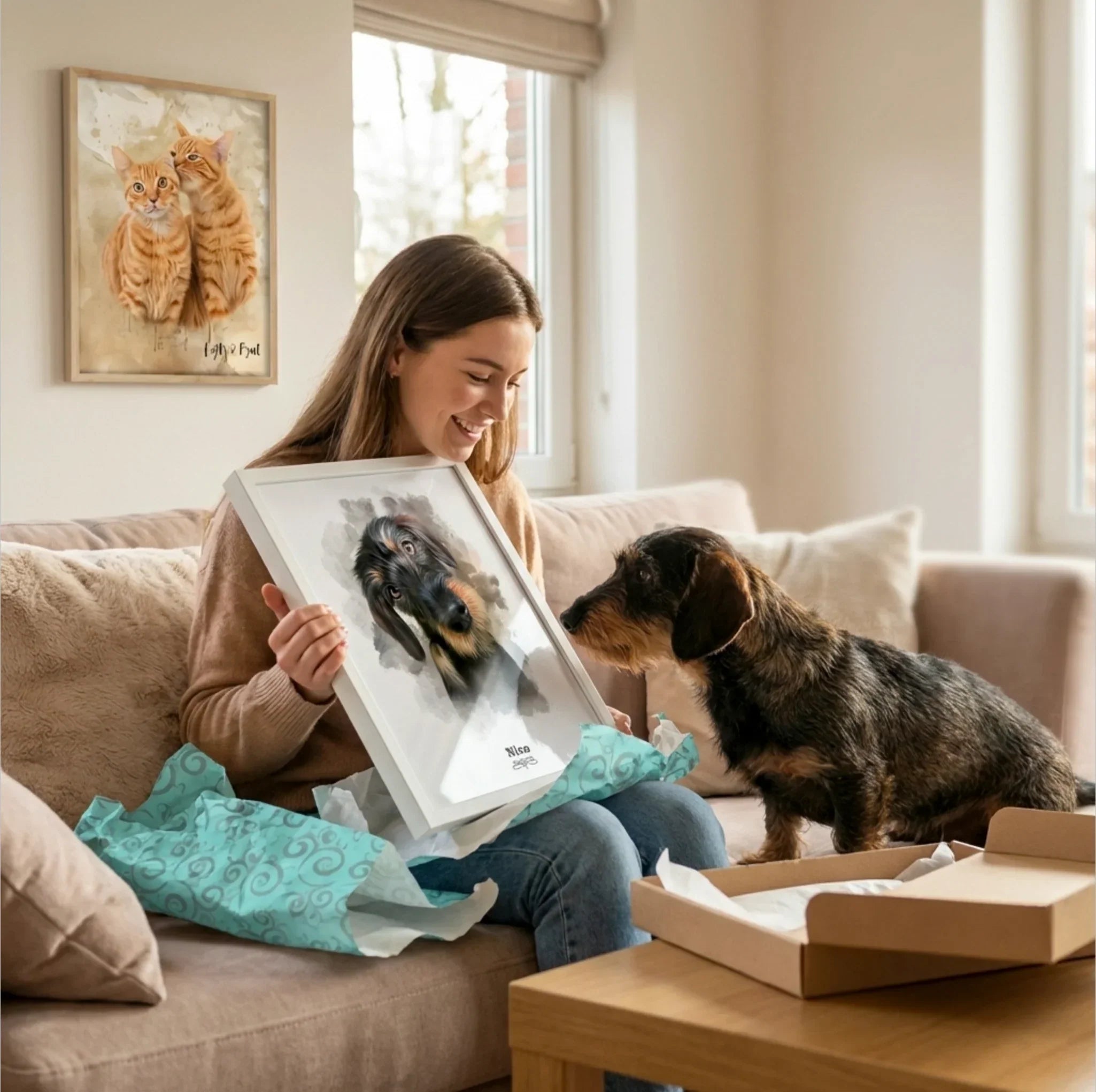 mujer con retrato personalizado de perro en salón moderno regalo original mascotas