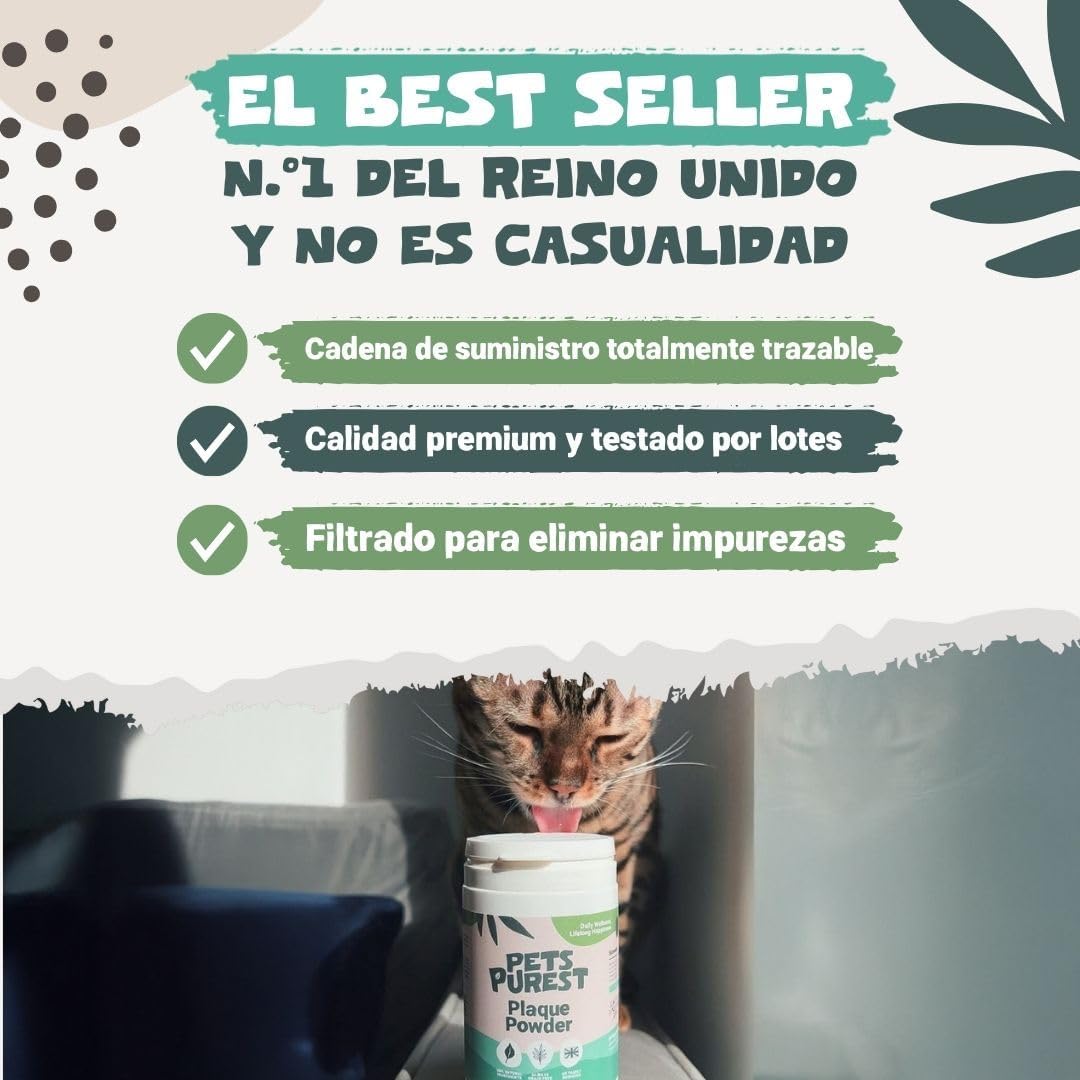 Pets Purest Polvo Dental Antisarro 185g - Elimina el Sarro y la Placa Dental en Perros, Gatos y Mascotas - 100% Natural para Prevenir el Mal Aliento