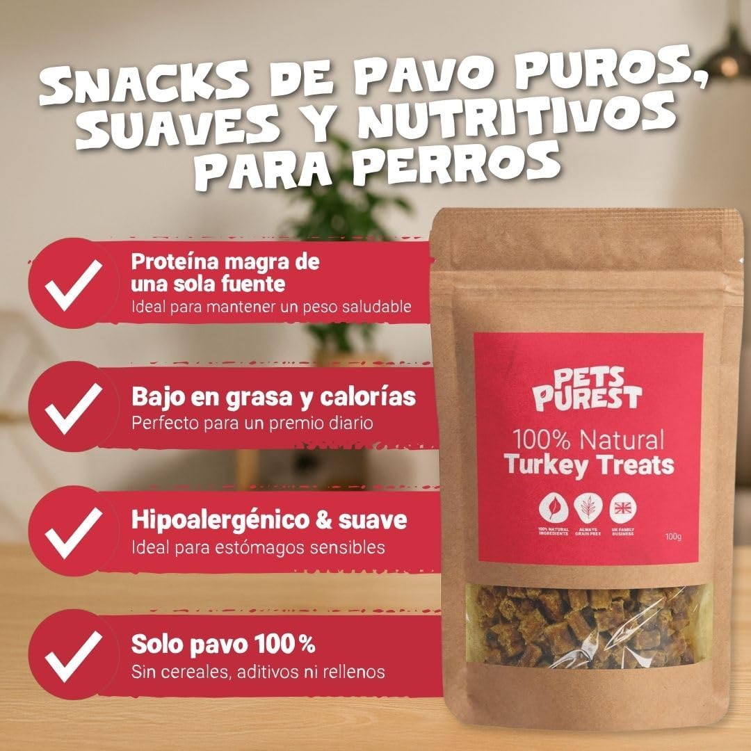 Pets Purest Golosinas Naturales para Perros con 100% Pavo - Sabrosos Bocaditos de Entrenamiento Hipoalergénicos, Sin Cereales, Bajos en Grasa y Altos en Proteína para Perros, Cachorros y Mayores