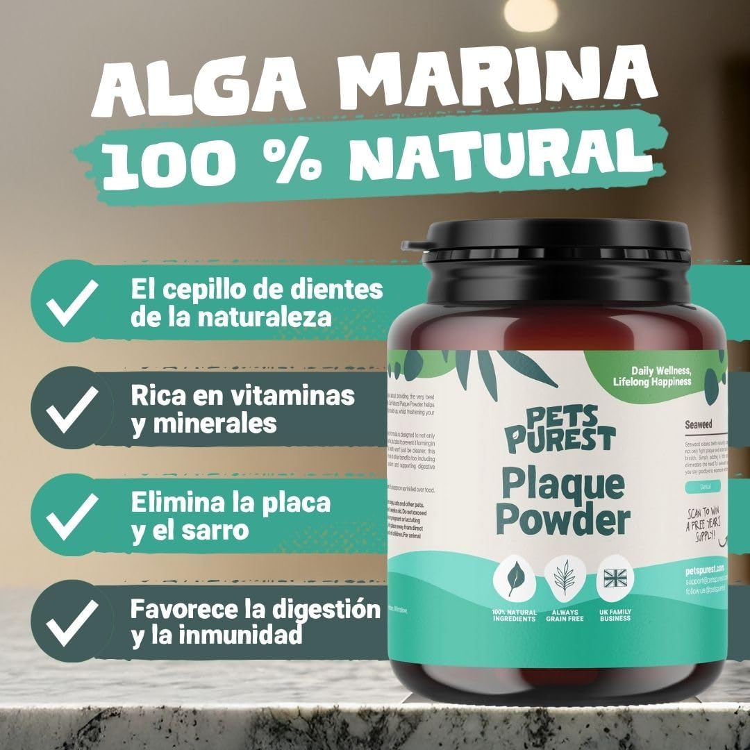 Pets Purest Polvo Dental Antisarro 185g - Elimina el Sarro y la Placa Dental en Perros, Gatos y Mascotas - 100% Natural para Prevenir el Mal Aliento