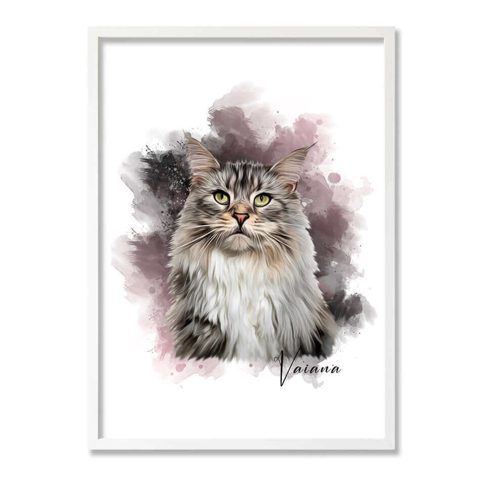 retrato de gato con marco color blanco y con fondo de colores rosas y grises