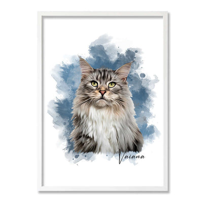 retrato de gato con marco color blanco y con fondo de colores azules y grises