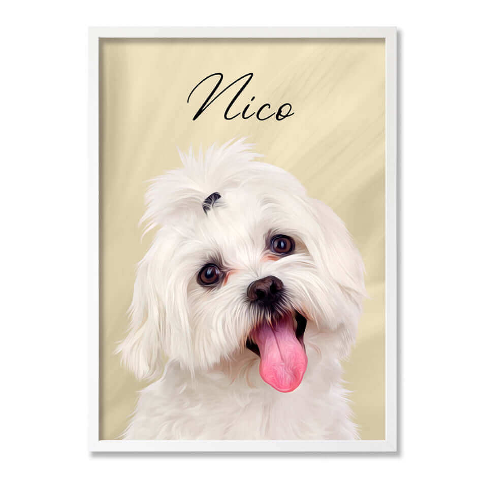 marco color blanco con caricatura de perro y fondo beige