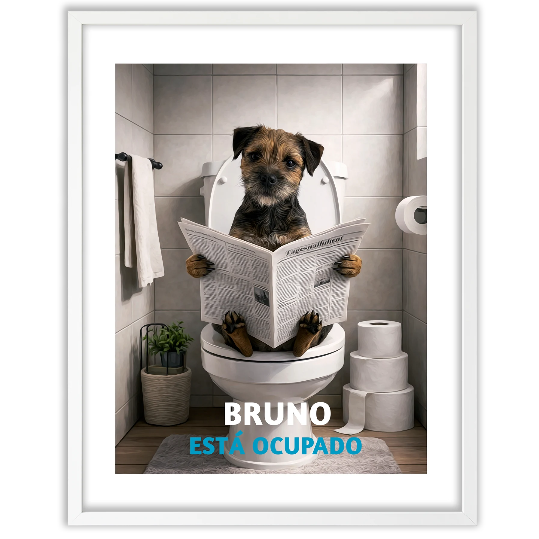 Retrato personalizado de tu perro en el WC leyendo, perro sentado en el inodoro leyendo un periódico.