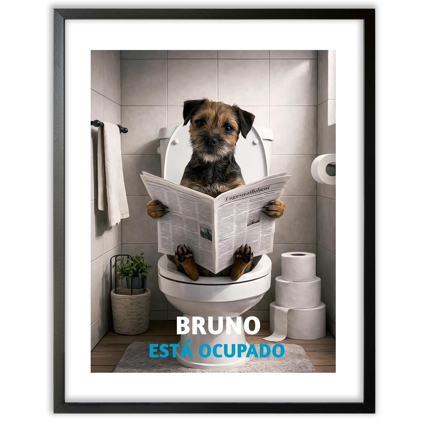 Retrato personalizado de tu perro en el WC leyendo - perro sentado en inodoro con periódico.