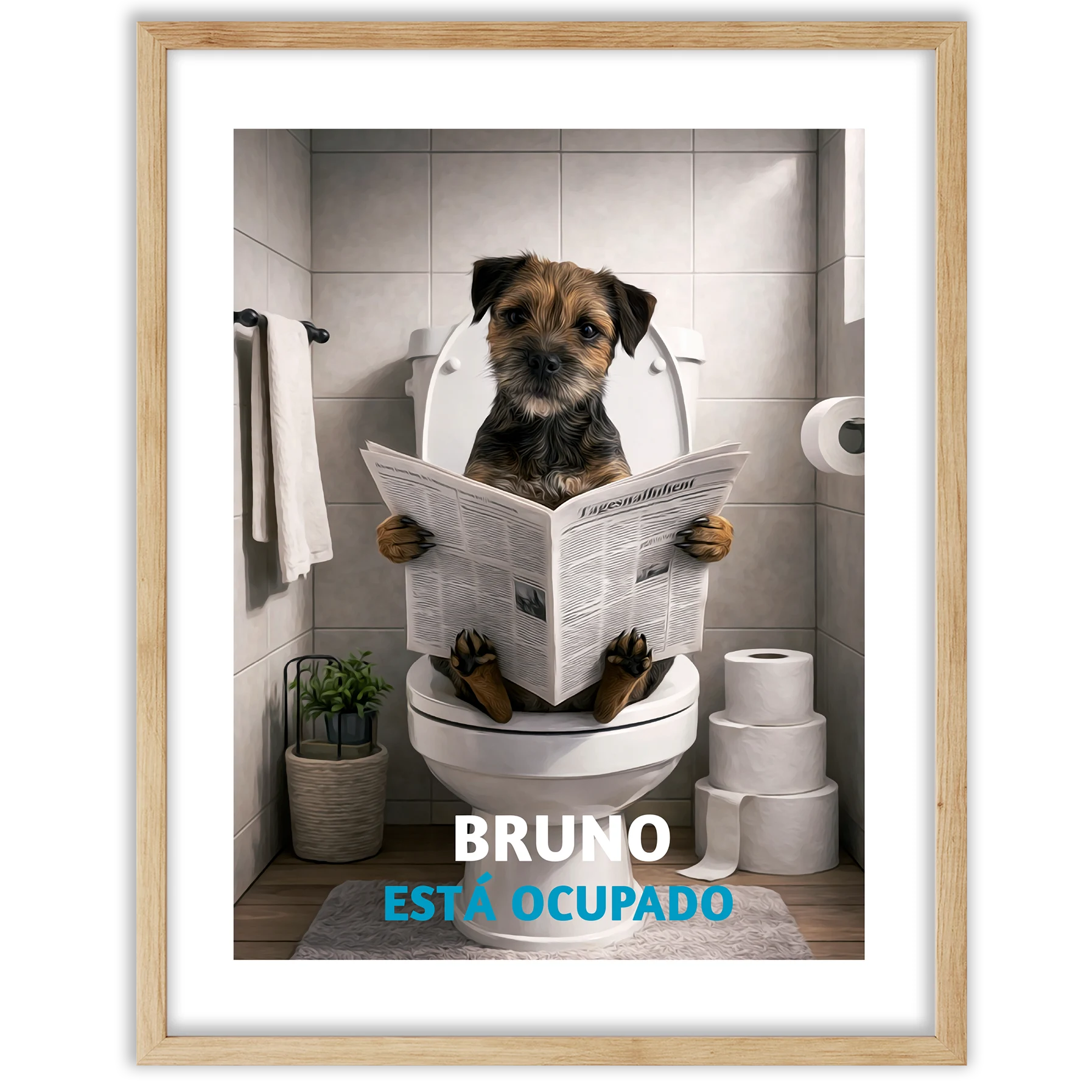 Retrato personalizado de tu perro en el WC leyendo, perro en el baño leyendo un periódico.