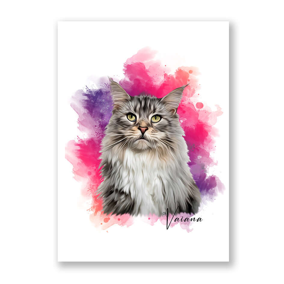 dibujo de gato con fondo de color fucsia y gris