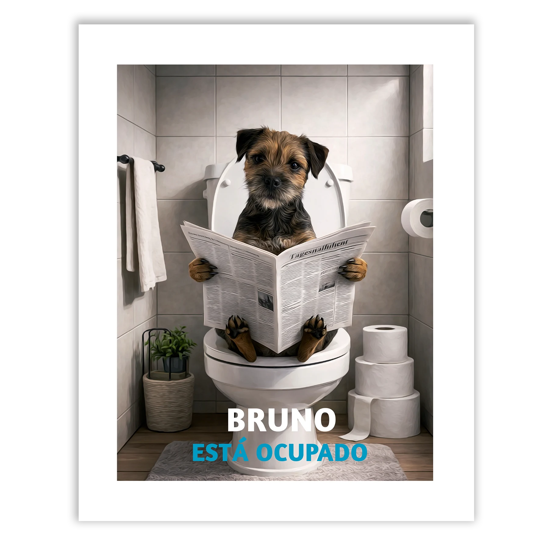 Retrato personalizado de tu perro en el WC leyendo con Bruno, un perro sentado en el inodoro leyendo un periódico.