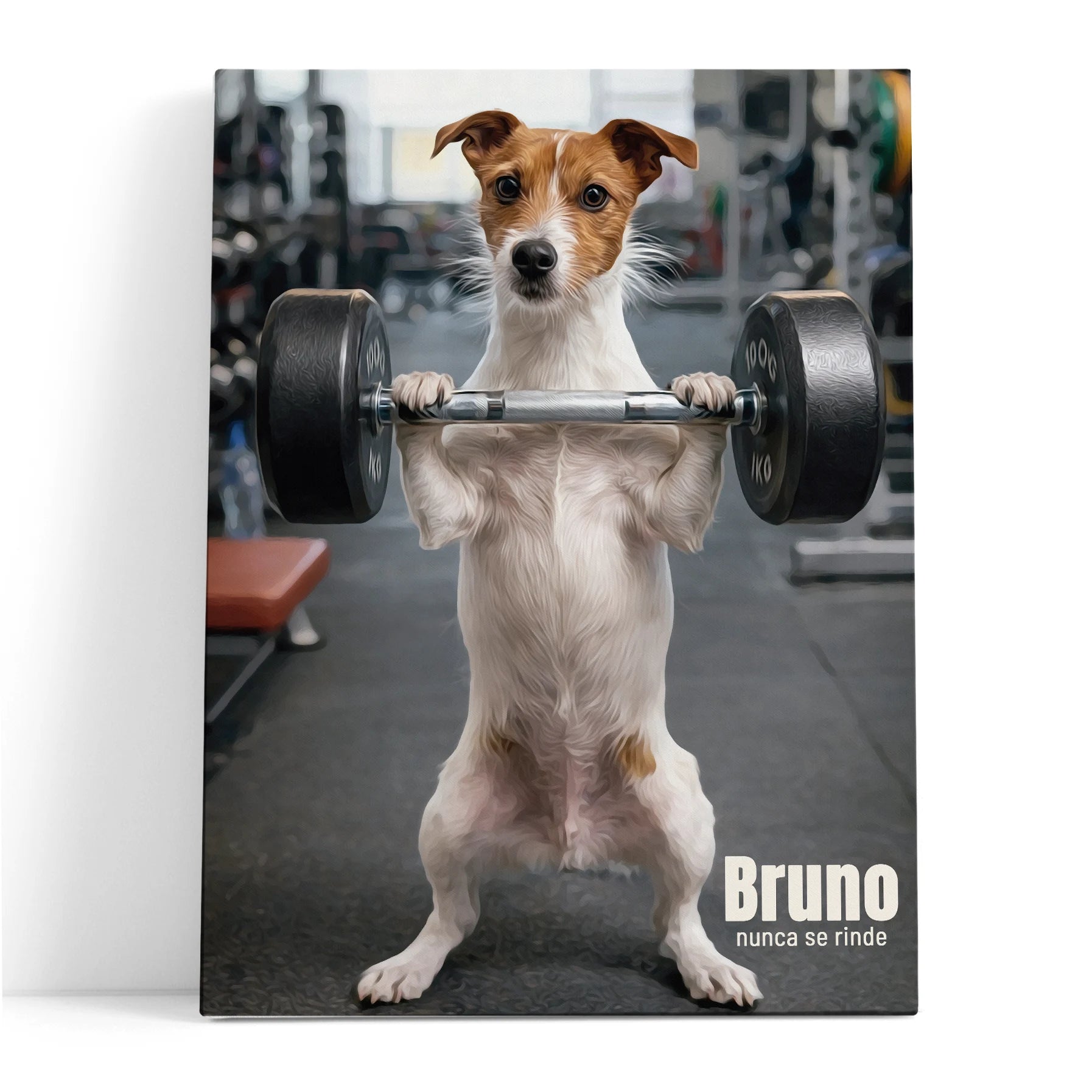 Retrato personalizado de tu perro haciendo pesas con un perro levantando pesas en un gimnasio.