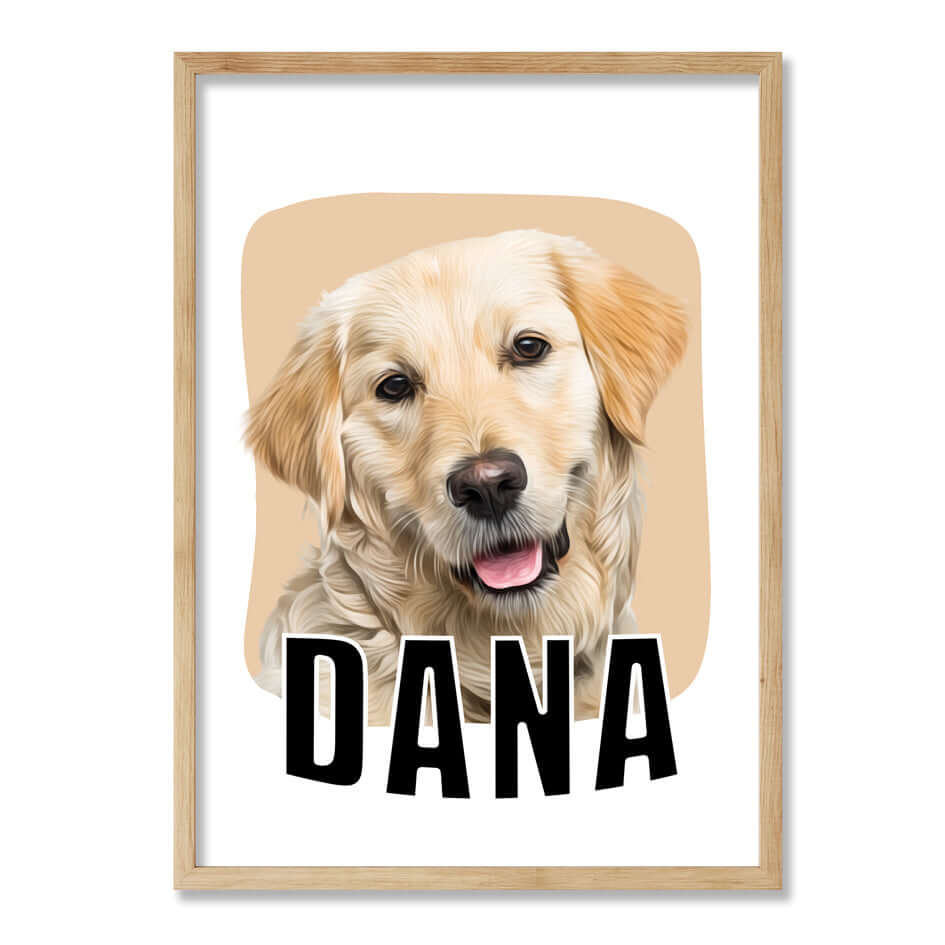 retrato perro labrador con fondo beige y marco color roble