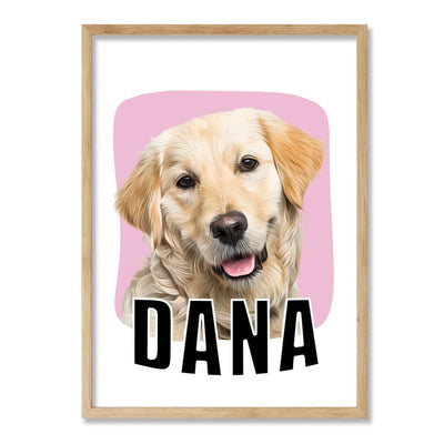 retrato perro labrador con fondo rosa y marco color roble