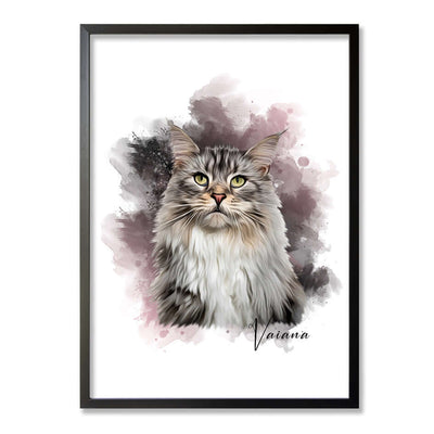 retrato de gato con marco color roble y con fondo de colores rosas y grises