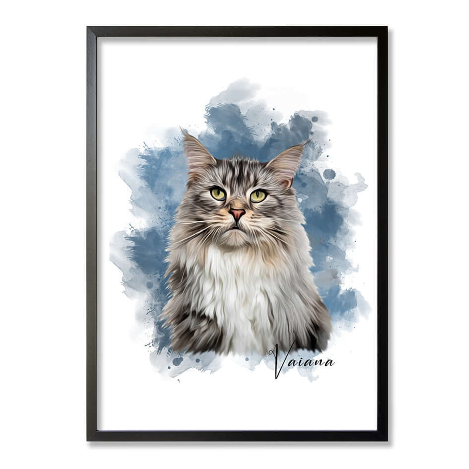 retrato de gato con marco color negro y con fondo de colores azules y grises