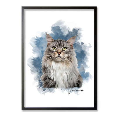 retrato de gato con marco color negro y con fondo de colores azules y grises