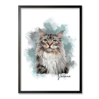  retrato de gato con marco color negro y con fondo de colores verdes y grises