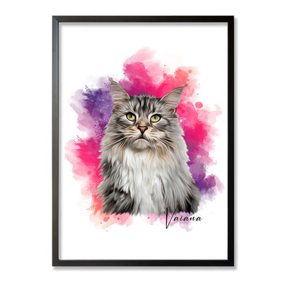 retrato de gato con marco color negro y con fondo de color fucsia y gris