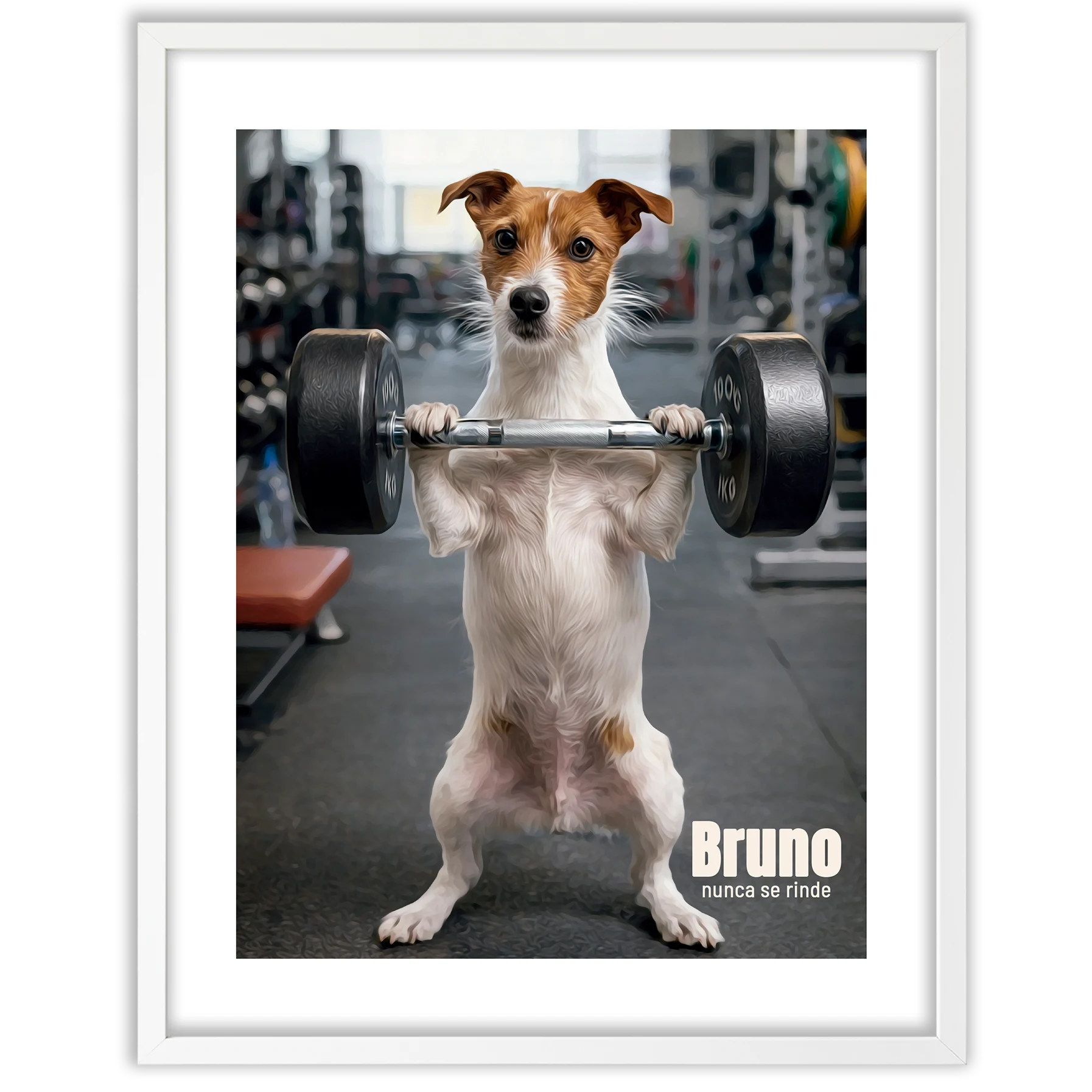 Retrato personalizado de tu perro haciendo pesas con un perro levantando pesas en un gimnasio.