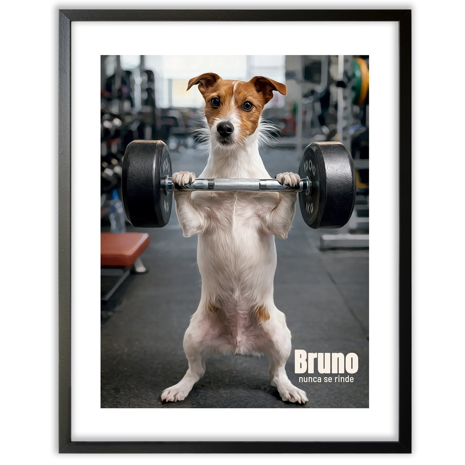 Retrato personalizado de tu perro haciendo pesas mostrando a un perro con pesas en un gimnasio.