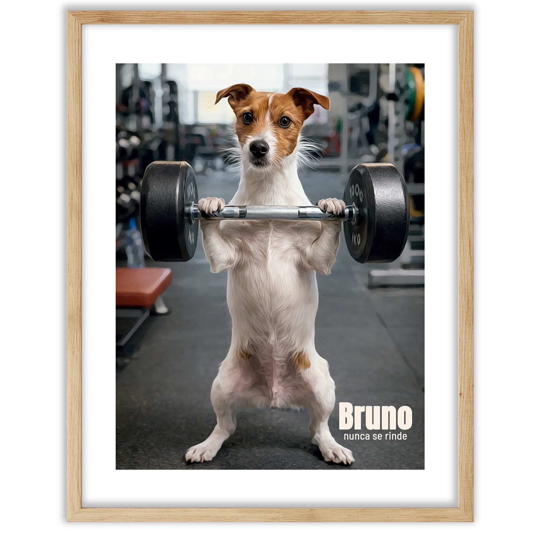 Retrato personalizado de tu perro haciendo pesas con un perro levantando pesas en un gimnasio.