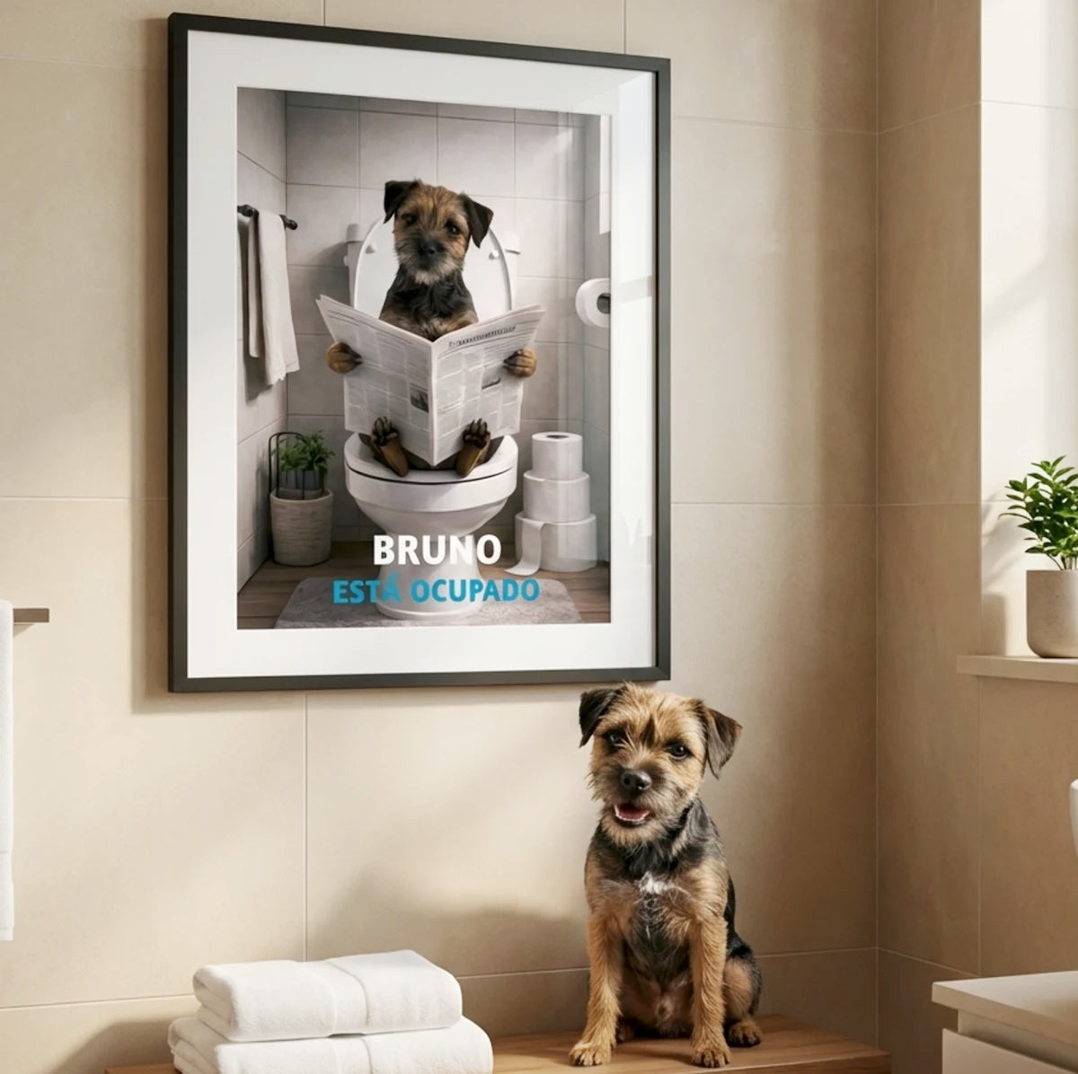 Retrato personalizado de tu perro en el WC leyendo, perro en el inodoro con un periódico.