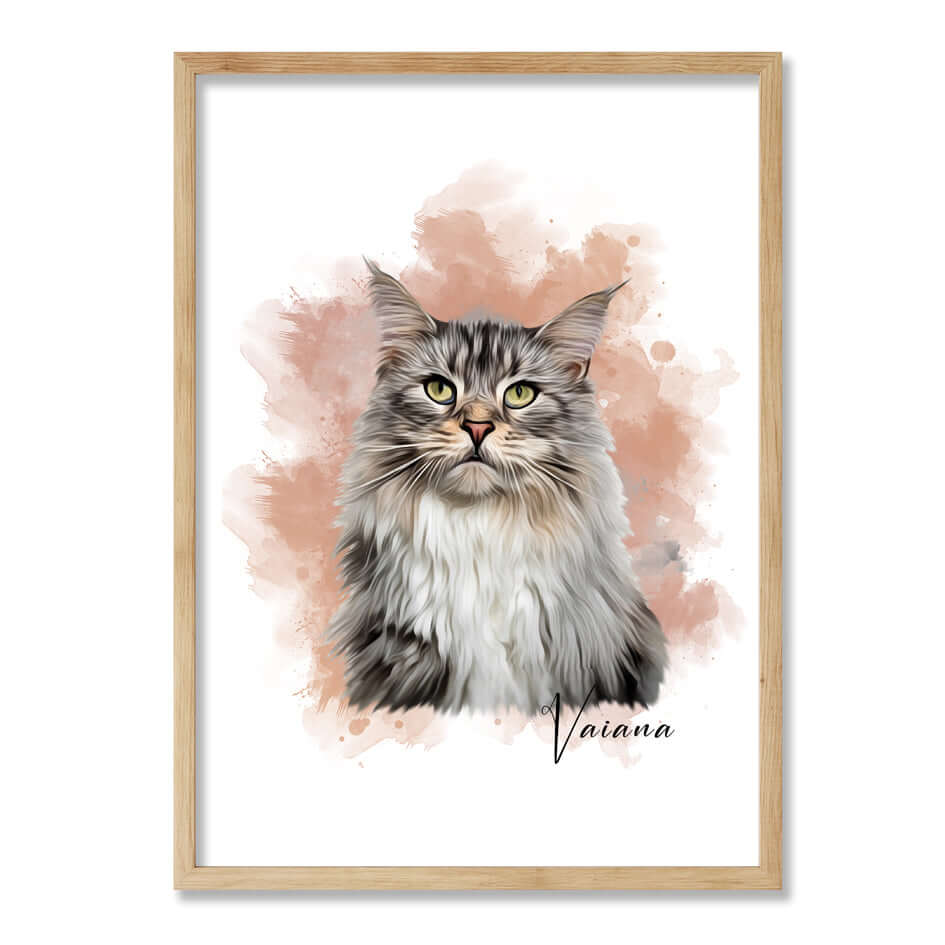 retrato de gato con marco color roble y con fondo de colores beige y grises