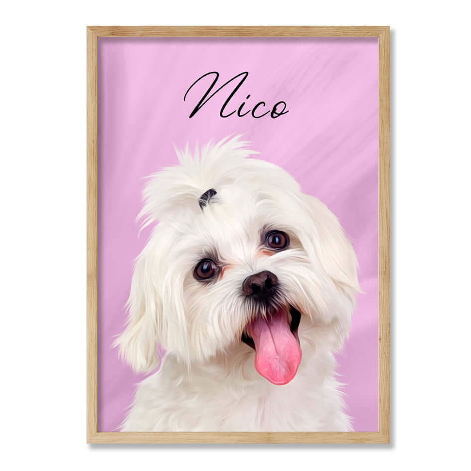 marco color roble con caricatura de perro y fondo rosa