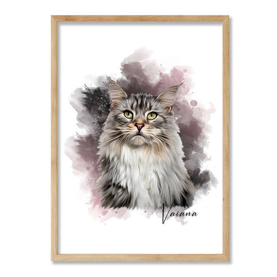 etrato de gato con marco color roble y con fondo de colores beige y grises