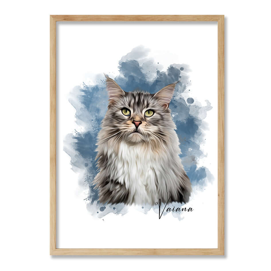 retrato de gato con marco color roble y con fondo de colores azules y grises
