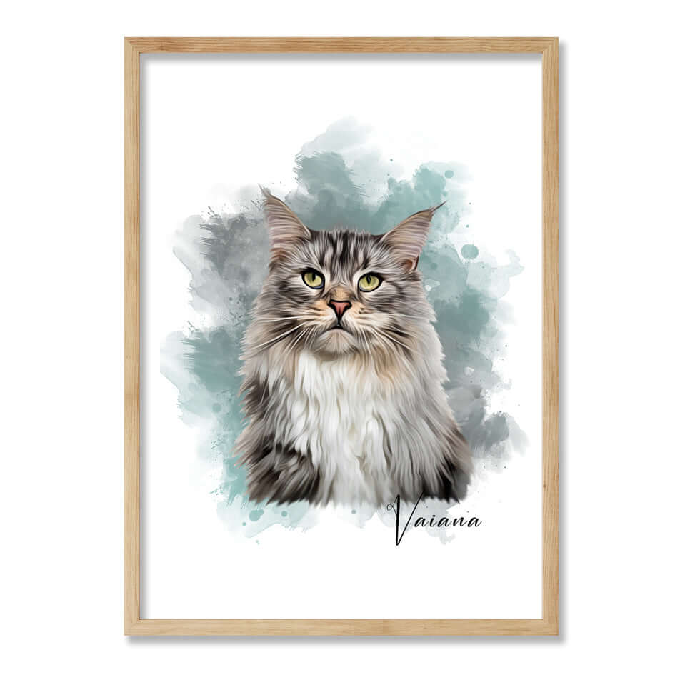 retrato de gato con marco color roble y con fondo de colores verdes y grises