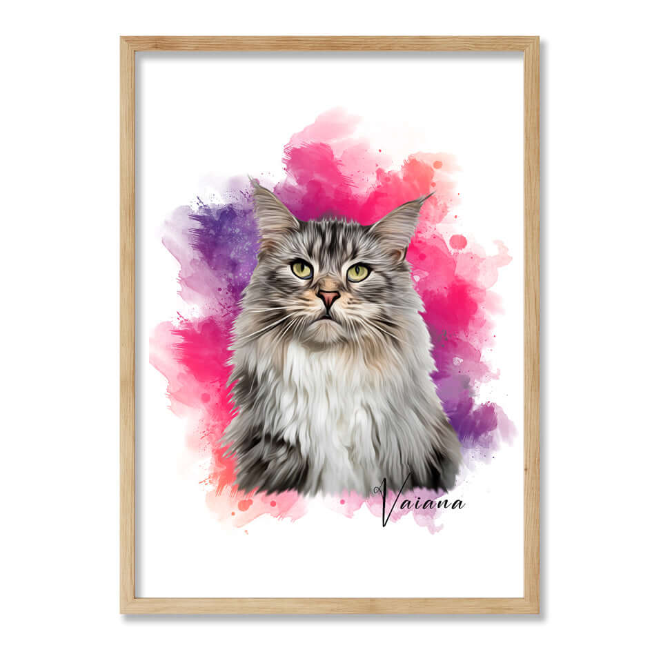  retrato de gato con marco color roble y con fondo de color fucsia y gris