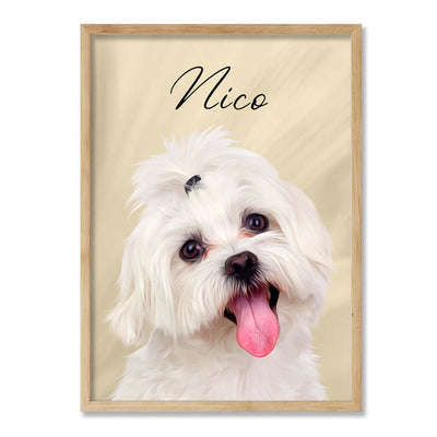 marco color roble con caricatura de perro y fondo beige