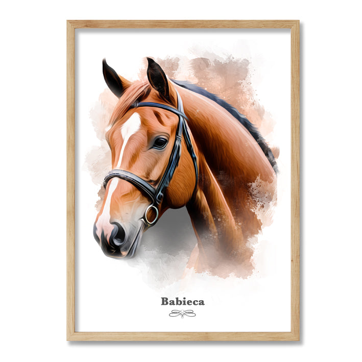 Ilustración ecuestre en retrato caballo personalizado con marco color madera