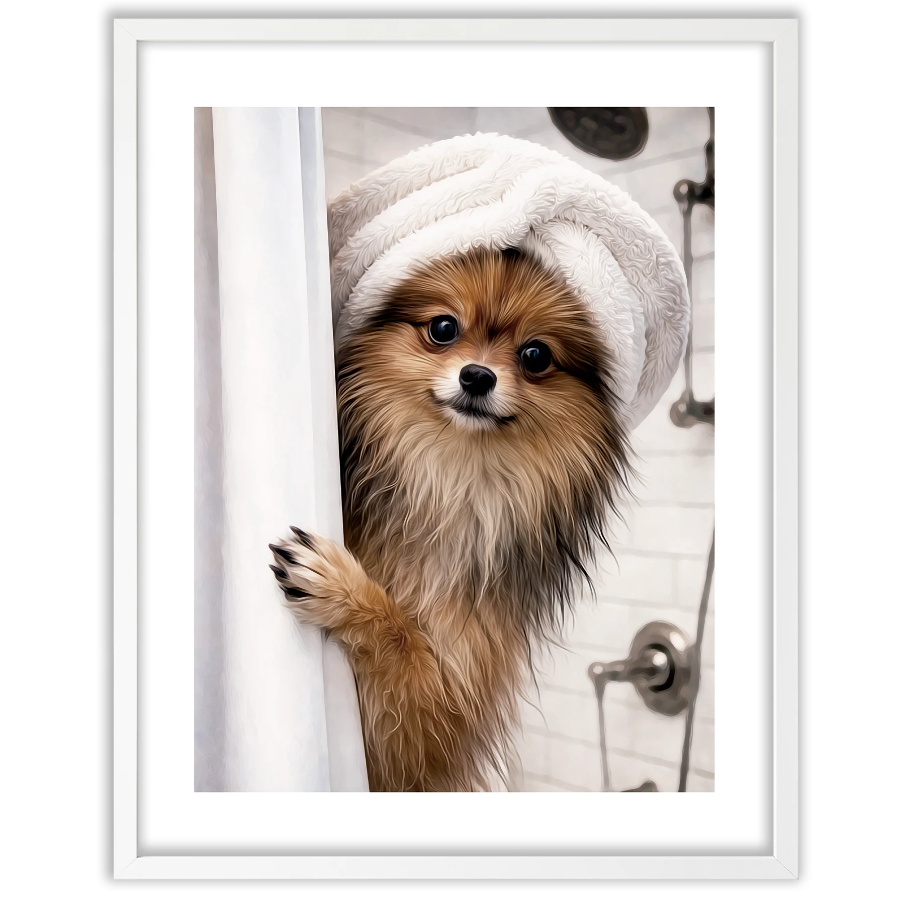 Retrato personalizado perro en la ducha, perro Pomerania con toalla en la cabeza asomándose detrás de una cortina de ducha.