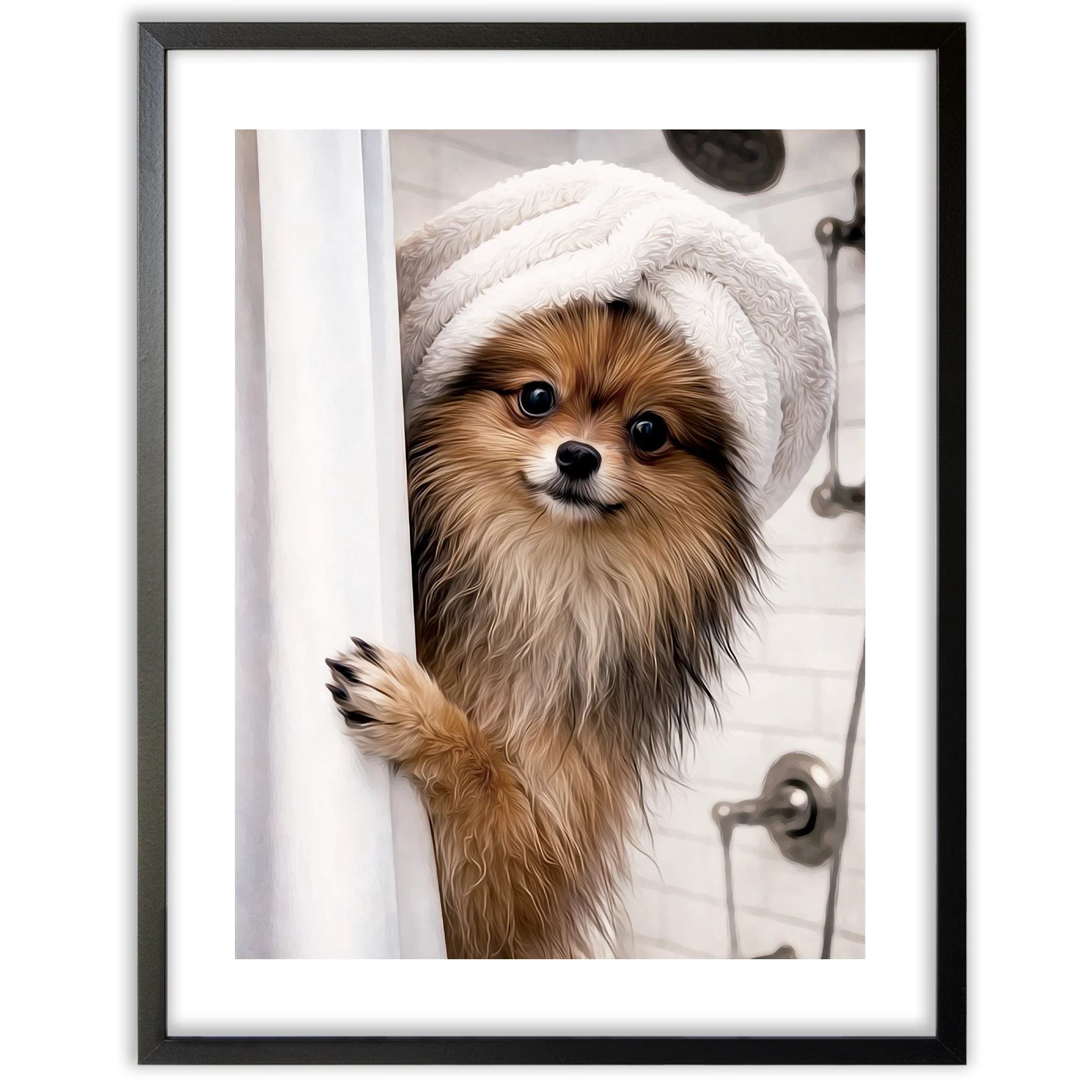 Retrato personalizado perro en la ducha con mascota asomándose detrás de la cortina de la ducha.