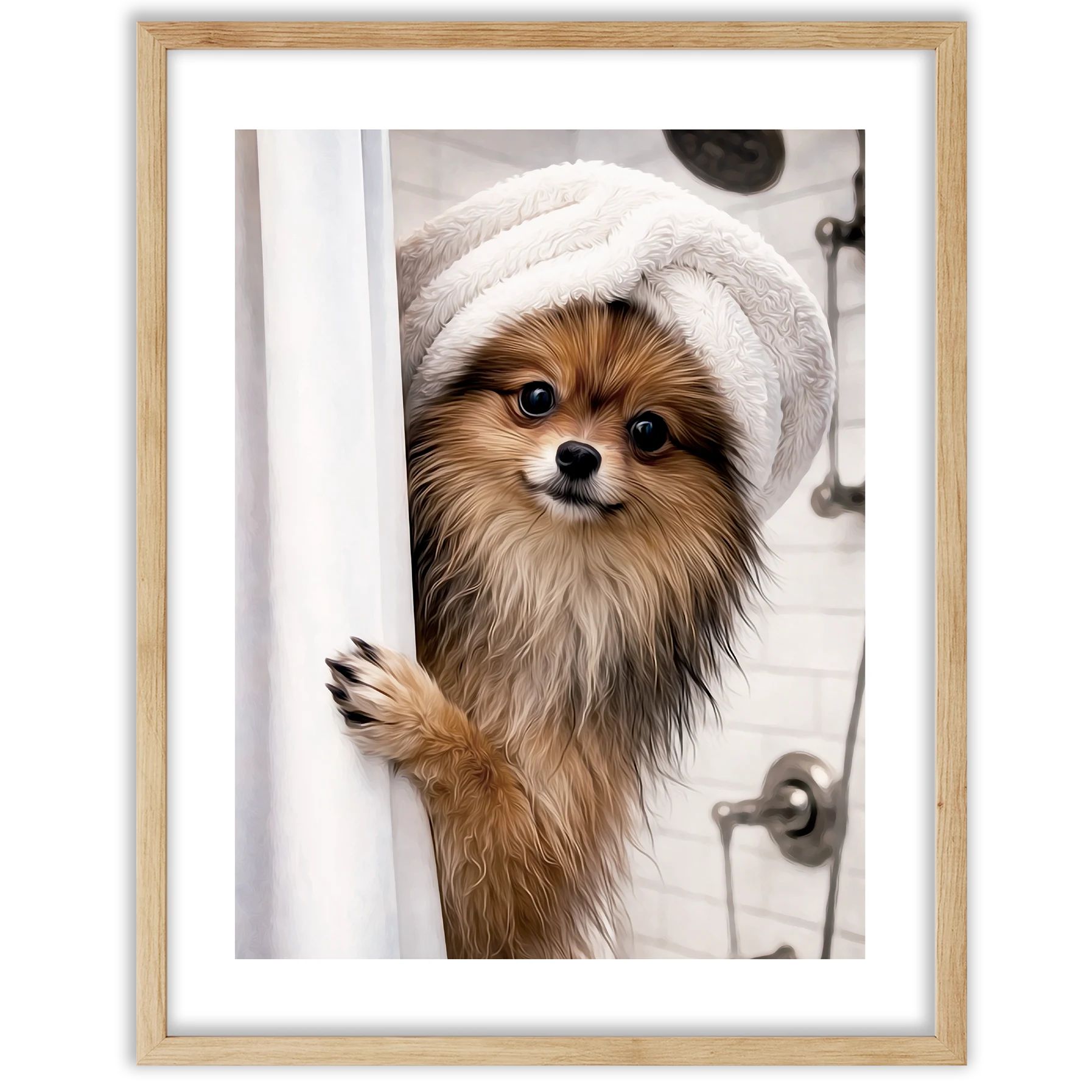 Retrato personalizado perro en la ducha, perro asomándose detrás de una cortina en la ducha con toalla en la cabeza.