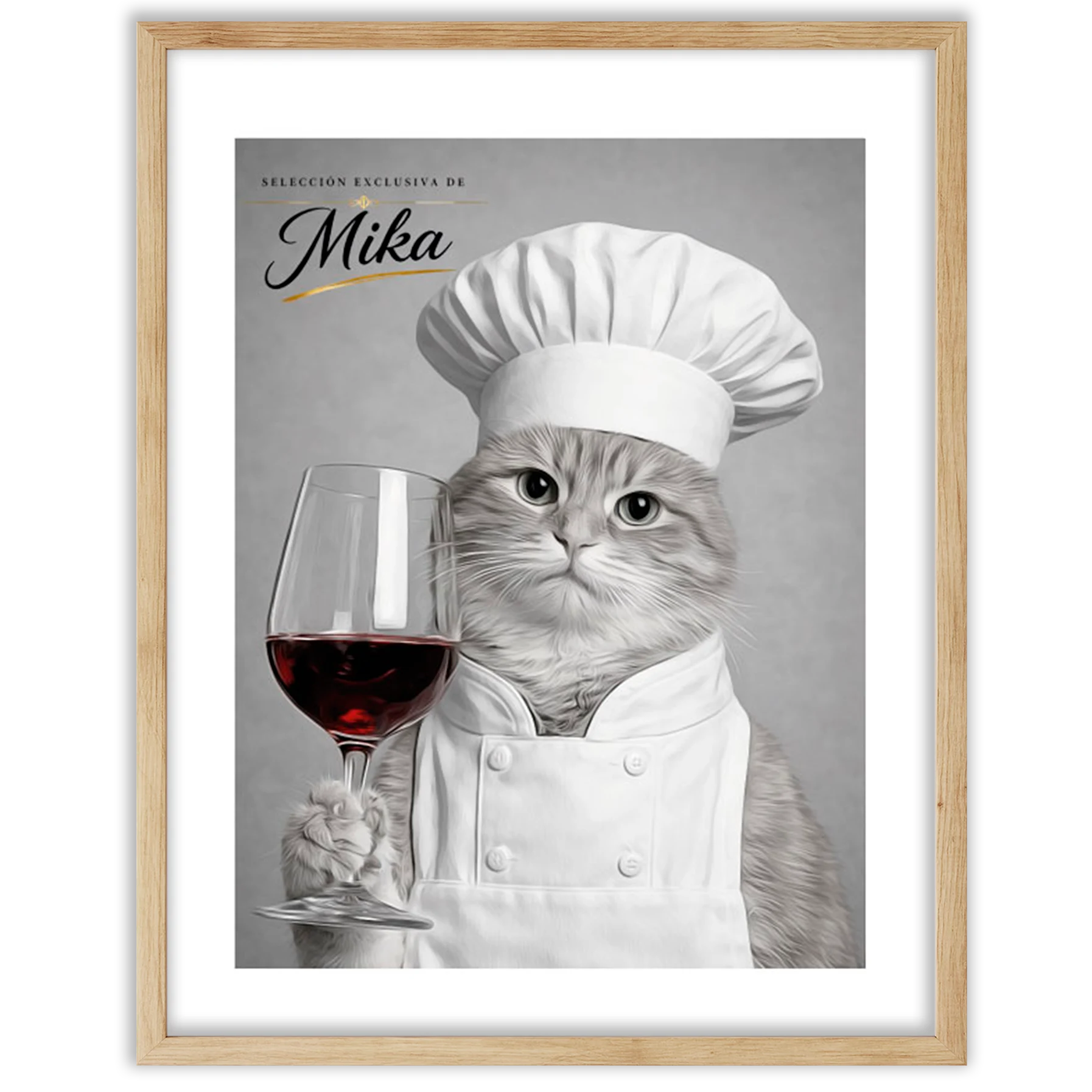 Retrato personalizado gato chef y sommelier sosteniendo una copa de vino en un marco elegante.