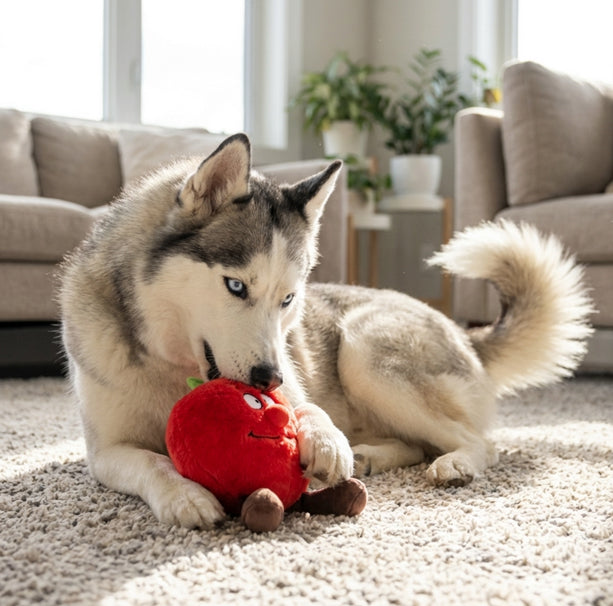 Peluche para perros modelo manzana con perro husky jugando en la alfombra de una sala.