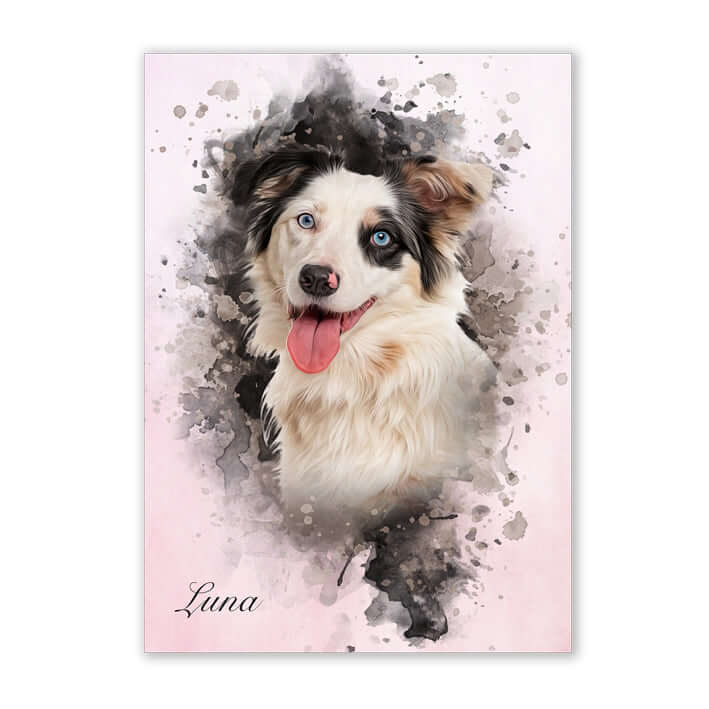 Retrato mascota dibujado en lámina y fondo rosa