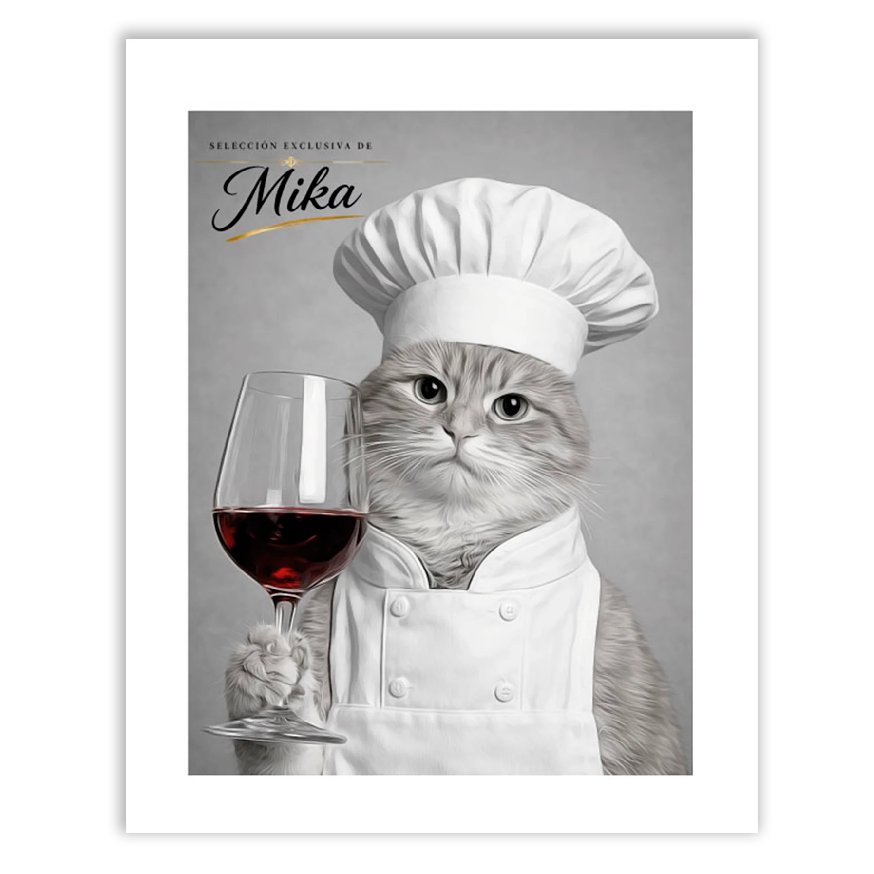 Retrato personalizado gato chef y sommelier sosteniendo una copa de vino con gorro de chef.