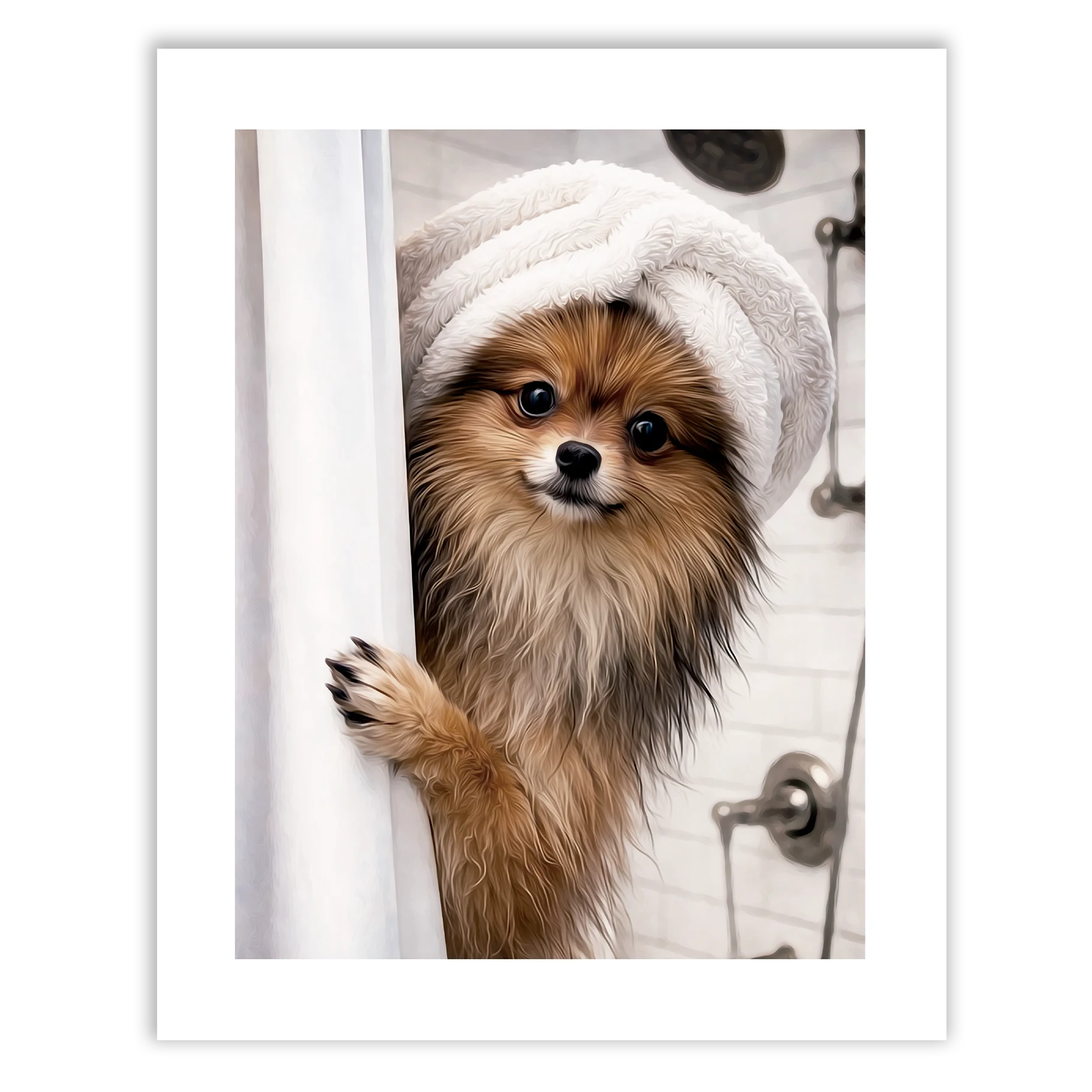 Retrato personalizado perro en la ducha con un perro asomándose detrás de una cortina de baño con una toalla en la cabeza.